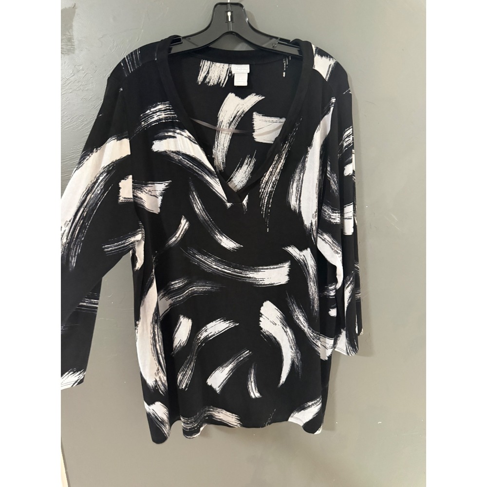 Chicos Travelers Womens Plus Size 4 20/22 Black White Abstract V-Neck Tunic Top